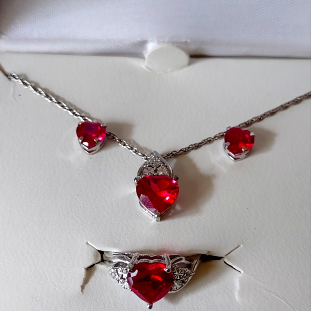 NWT  Sterling Silver Ruby Diamond pendant, earrings and Ring set
